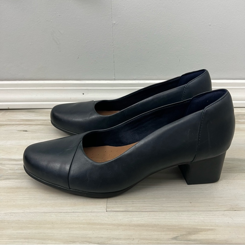 Clarks Unstructured Navy Block Heels Wide